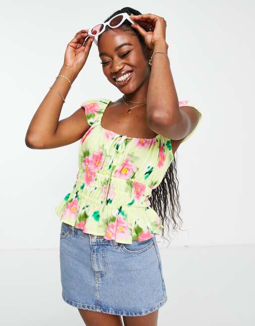 ASOS DESIGN – Zielono-różowy top w kwiatowy wzór z rękawami z falbanką i elastyczną talią
