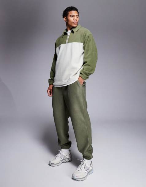 ASOS DESIGN – Zielono-szara polarowa bluza dresowa oversize z kołnierzykiem polo w stylu rugby - view 1