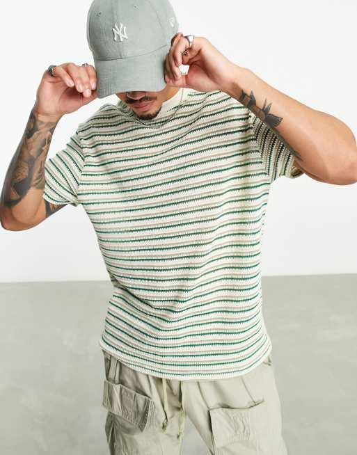 ASOS DESIGN – Zielono-szarobeżowy fakturowany T-shirt o luźnym kroju w paski