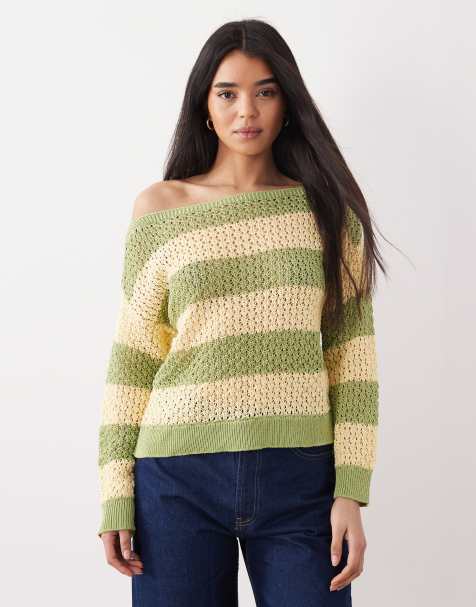 ASOS DESIGN – Zielono-żółty dzianinowy sweter na jedno ramię w paski - view 1