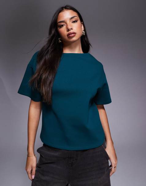 ASOS DESIGN boat neck half sleeve fitted top in teal