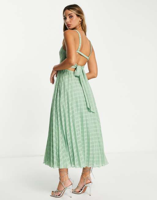ASOS DESIGN – Zielonoszara plisowana sukienka midi z elastycznym wiązaniem na placach