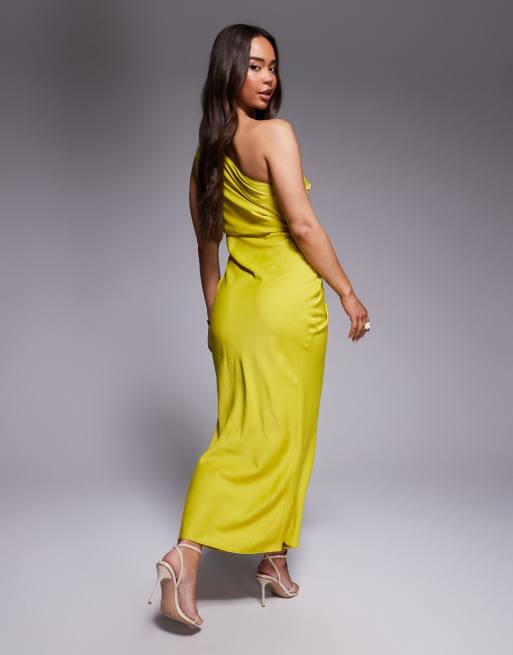 ASOS DESIGN – Zielonożółta satynowa sukienka midi na jedno ramię z węzłem, 4 z 4