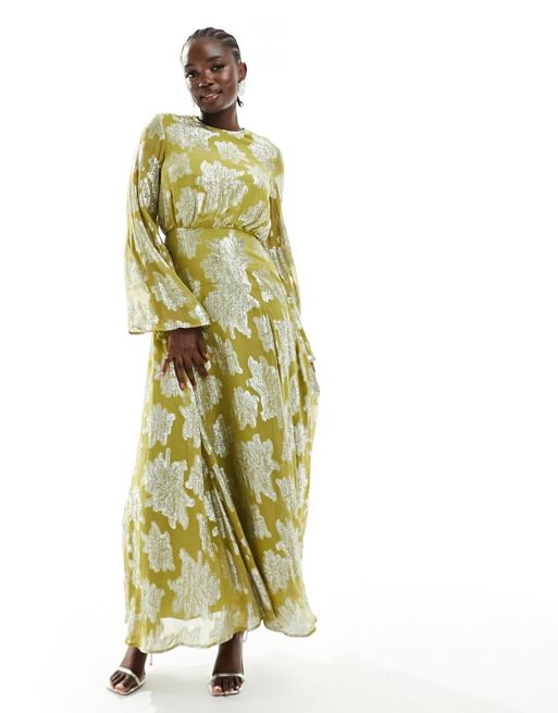 FhyzicsShops DESIGN – Zielonożółta sukienka midi z długim rękawami i falbanką przy mankietach w metaliczny wzór