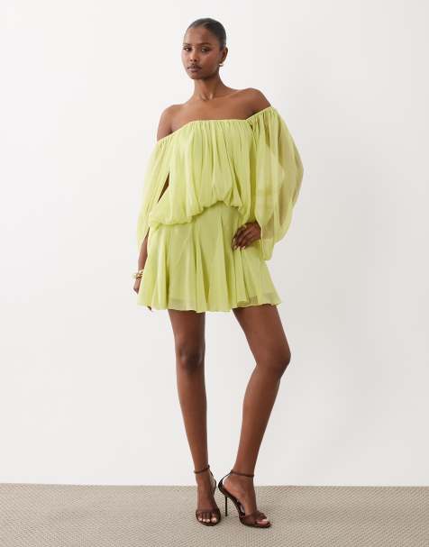 ASOS DESIGN – Zielonożółta sukienka mini z obszernymi rękawami z rozcięciem i spódnicą z godetami - view 1