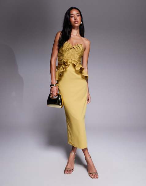 ASOS DESIGN ruffle bodice structured strappy midi dress in chartreuse