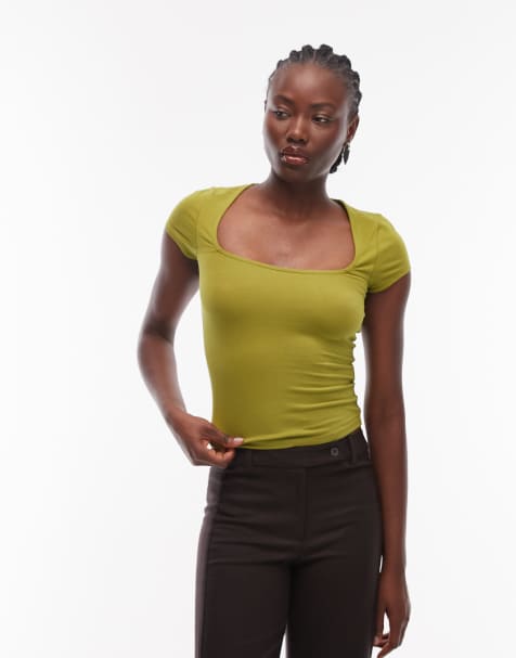 ASOS DESIGN – Zielony bawełniany top z dekoltem karo i krótkimi rękawkami - view 1