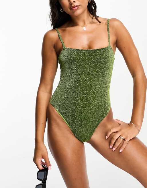 ASOS DESIGN – Zielony brokatowy strój kąpielowy z kwadratowym dekoltem 
