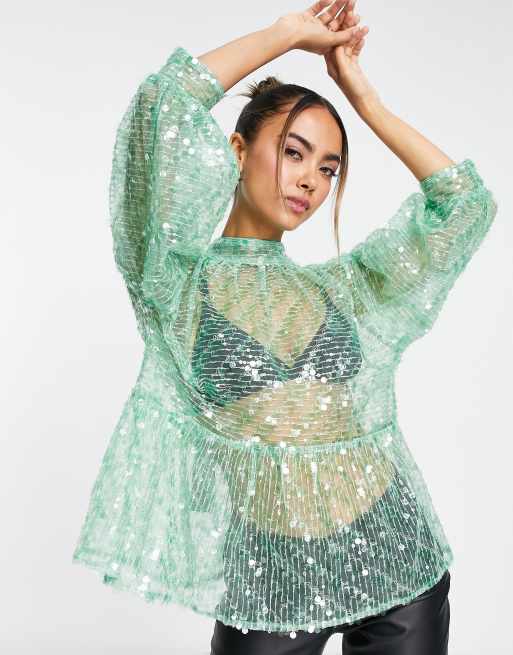 ASOS DESIGN – Zielony cekinowy top z baskinką i wysokim dekoltem