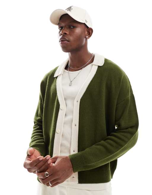 ASOS DESIGN – Zielony dzianinowy kardigan o pudełkowym kroju oversize z kołnierzykiem