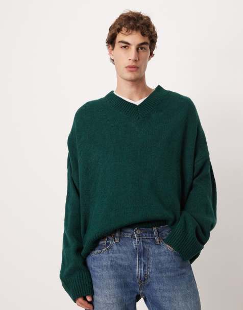 ASOS DESIGN super oversized boxy fit knitted v-neck jumper in green	