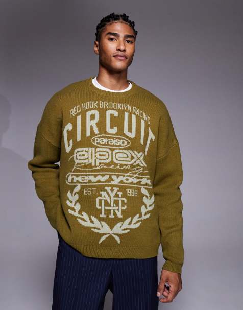 ASOS DESIGN super oversized knitted jumper with motor cross text in green