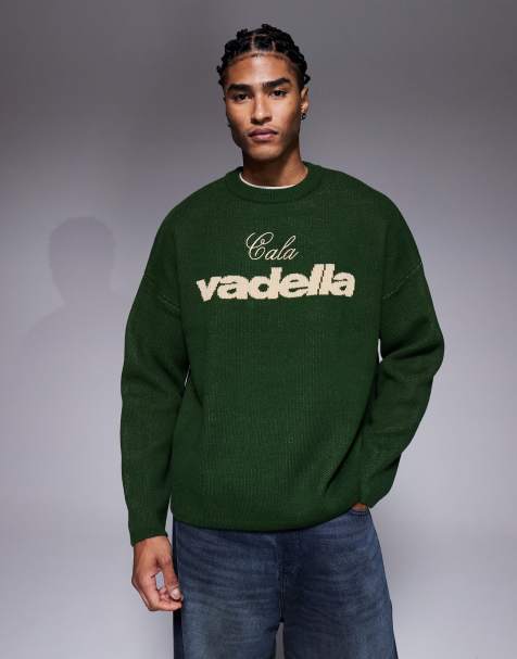 ASOS DESIGN – Zielony dzianinowy sweter oversize z okrągłym dekoltem i grafiką z napisem Vadella - view 1