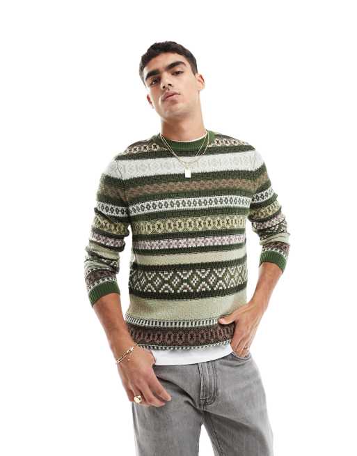ASOS DESIGN – Zielony dzianinowy sweter w skandynawski wzór