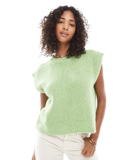ASOS DESIGN knitted boxy shoulder detail tank top in green