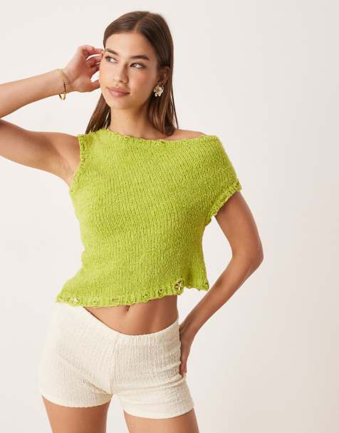 ASOS DESIGN knitted one shoulder top in slub yarn with raw edge in green