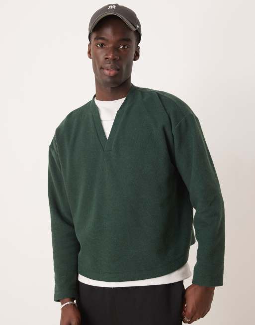ASOS DESIGN – Zielony gruby sweter o pudełkowym kroju oversize z dekoltem w szpic z prążkowanej szczotkowanej dzianiny