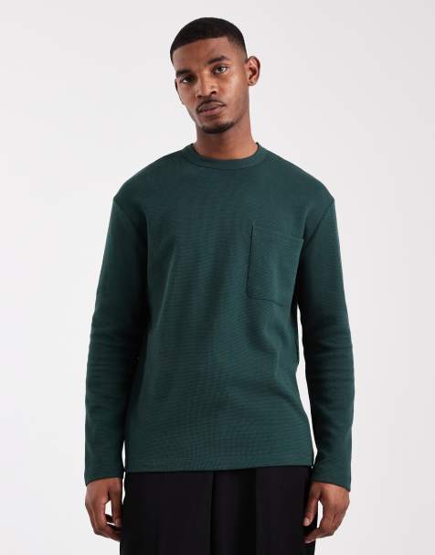 ASOS DESIGN – Zielony luźny T-shirt z długimi rękawami i kieszenią o waflowej strukturze - view 1