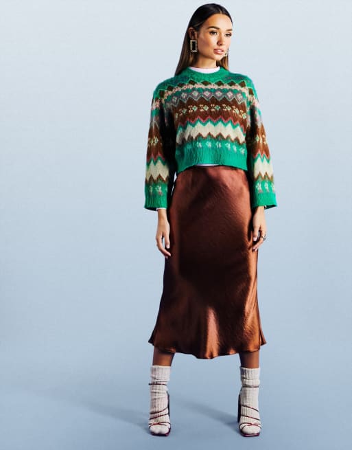 ASOS DESIGN – Zielony puszysty sweter we wzór skandynawski o pudełkowym fasonie