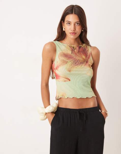 ASOS DESIGN wide neck mesh tank top in green floral