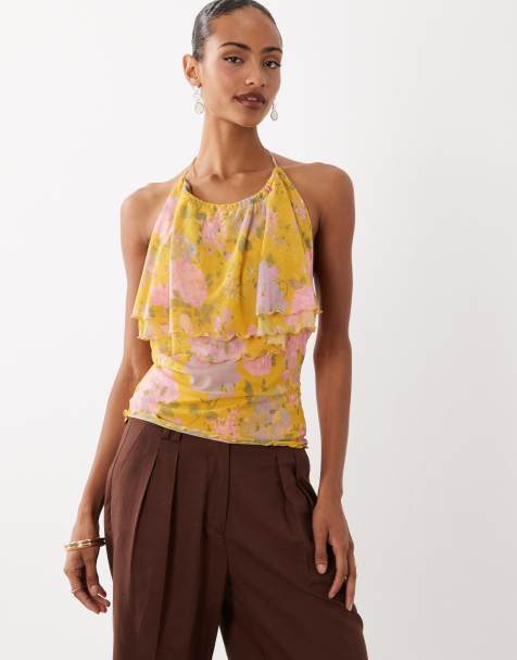 ASOS DESIGN – Zielony siateczkowy top na ramiączkach z dekoltem typu halter i falbankami w kwiatowy wzór - view 1