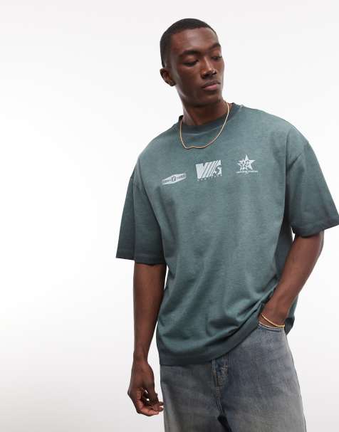 ASOS DESIGN – Zielony sprany gruby T-shirt o pudełkowym kroju oversize z nadrukami graficznymi - view 1
