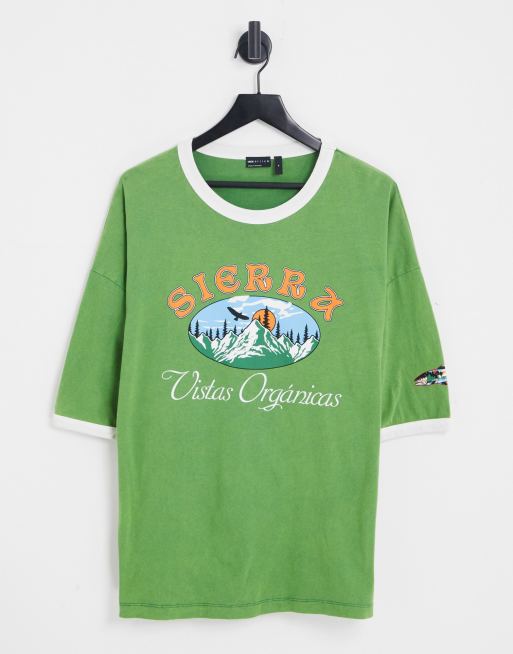 ASOS DESIGN – Zielony sprany T-shirt oversize z nadrukiem krajobrazu i kontrastowym wykończeniem