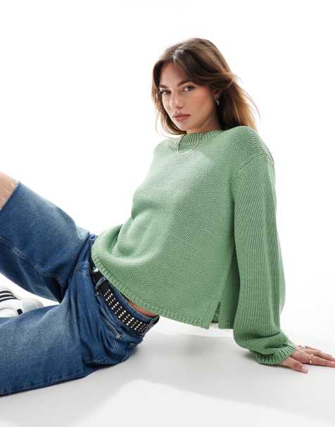 ASOS DESIGN oversized crew neck jumper in slub in green