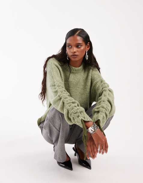 ASOS DESIGN ruched sleeve jumper in green