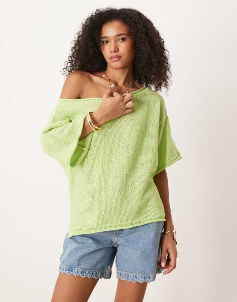 ASOS DESIGN loose knit off shoulder short sleeve jumper in green