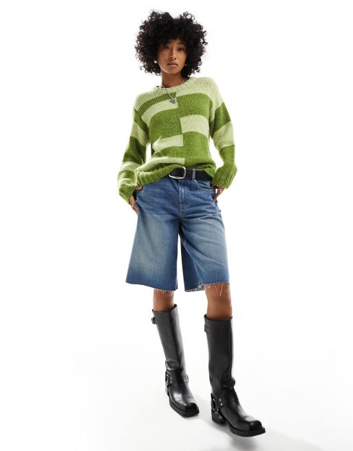 ASOS DESIGN – Zielony sweter z okrągłym dekoltem w żakardowy wzór