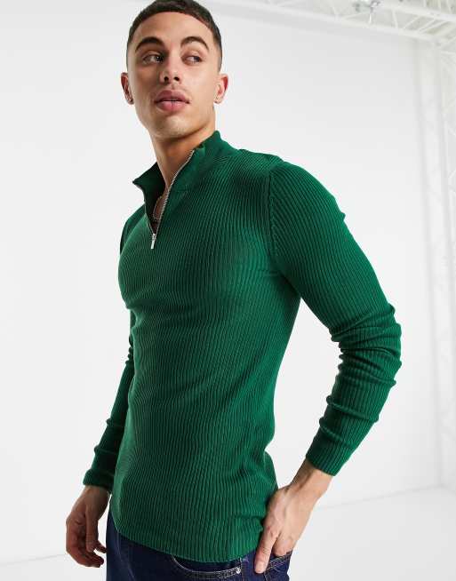ASOS DESIGN – Zielony sweter z prążkowanej dzianiny o kroju podkreślającym sylwetkę z zamkiem pod szyją