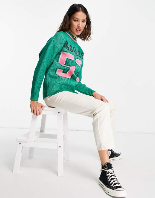 ASOS DESIGN – Zielony sweter z uczelnianym nadrukiem