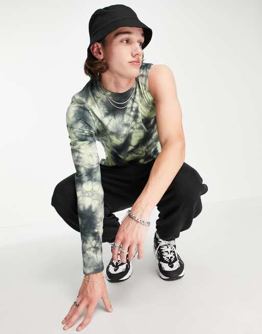 ASOS DESIGN – Zielony T-shirt o dopasowanym kroju z jednym długim rękawem i efektem tie-dye
