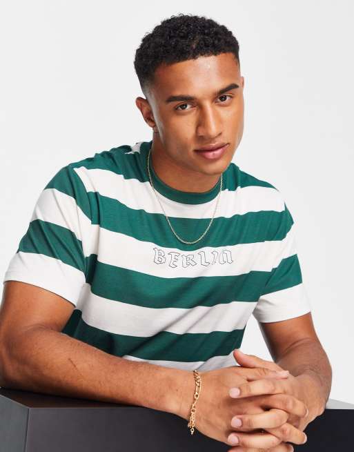 ASOS DESIGN – Zielony T-shirt o luźnym kroju w paski z nadrukiem „Berlin” na piersi