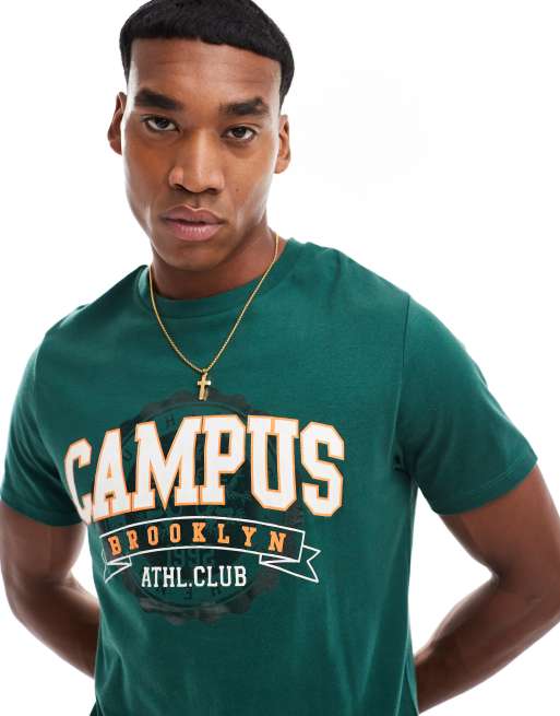 ASOS DESIGN – Zielony T-shirt o luźnym kroju z nadrukiem z napisem „Campus” na piersi