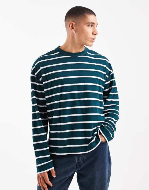 ASOS DESIGN – Zielony T-shirt oversize o pudełkowym kroju z długim rękawem w fakturowany wzór w paski