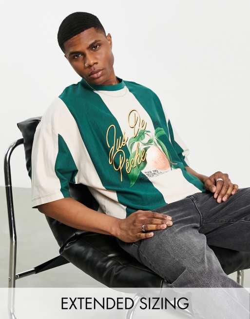 ASOS DESIGN – Zielony T-shirt oversize w pionowe pasy z nadrukiem owocu