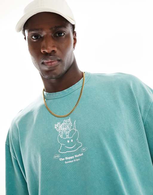 ASOS DESIGN – Zielony T-shirt oversize z efektem sprania i nadrukiem warzyw na piersi