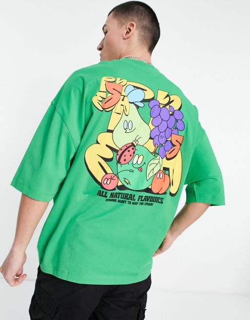 ASOS DESIGN – Zielony T-shirt oversize z kreskówkowych owoców na plecach