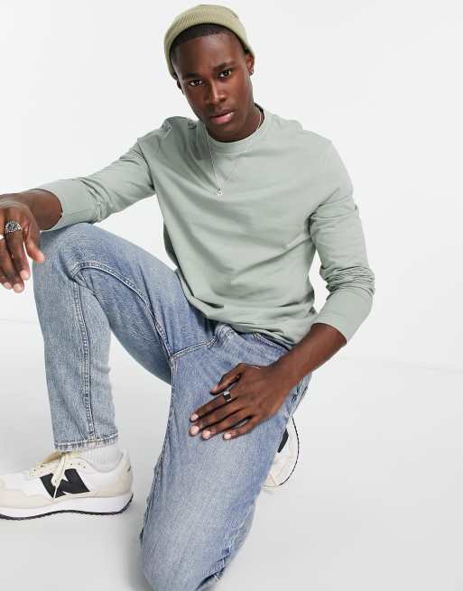 ASOS DESIGN – Zielony T-shirt oversize z okrągłym dekoltem i długimi rękawami z mieszanki bawełny – MGREEN
