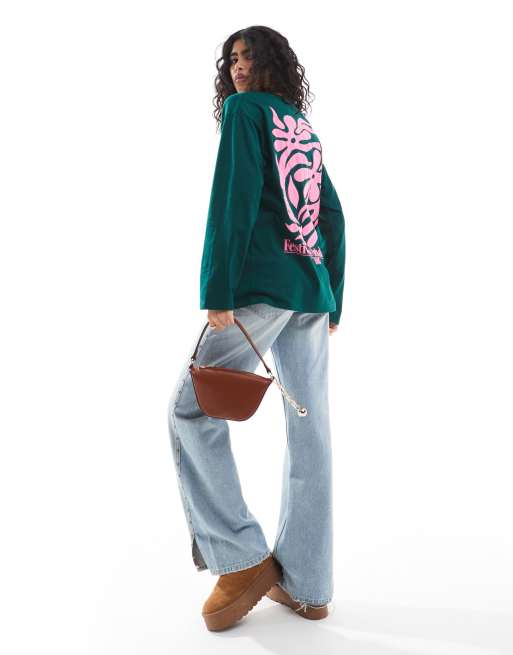ASOS DESIGN – Zielony T-shirt skater z długim rękawem i grafiką z motywem Paryża i kwiatu