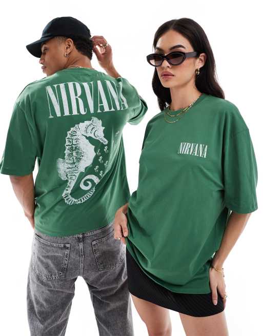 ASOS DESIGN – Zielony T-shirt unisex o fasonie oversize z licencjonowaną grafiką z konikiem morskim i napisem Nirvana