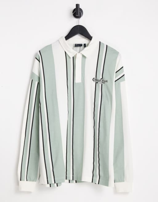 ASOS DESIGN – Zielony T-shirt z kołnierzykiem polo, długimi rękawami, wzorem w paski i nadrukiem „New York”
