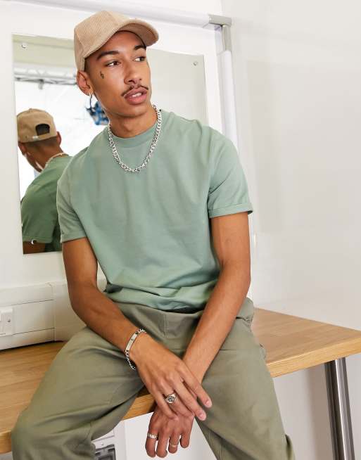 ASOS DESIGN – Zielony T-shirt z mieszanki bawełny z podwijanymi rękawami – MGREEN