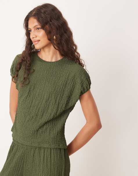 ASOS DESIGN co-ord textured cap sleeve detail t-shirt in green