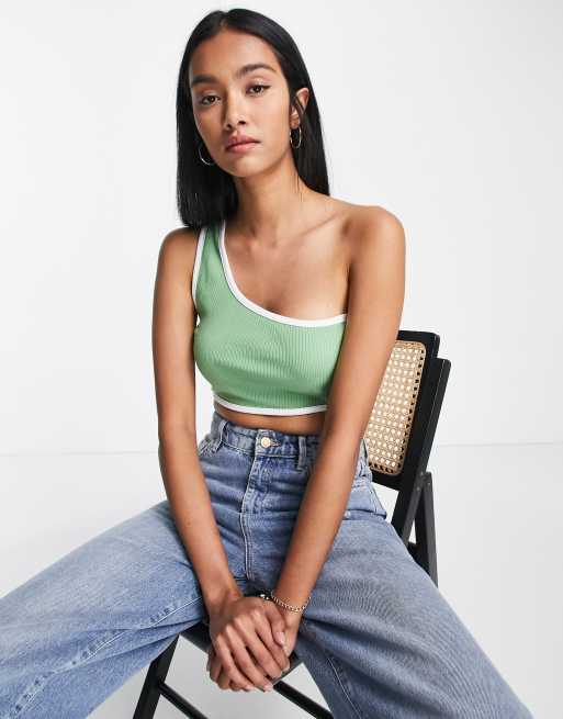 ASOS DESIGN – Zielony top na jedno ramię z kontrastową lamówką