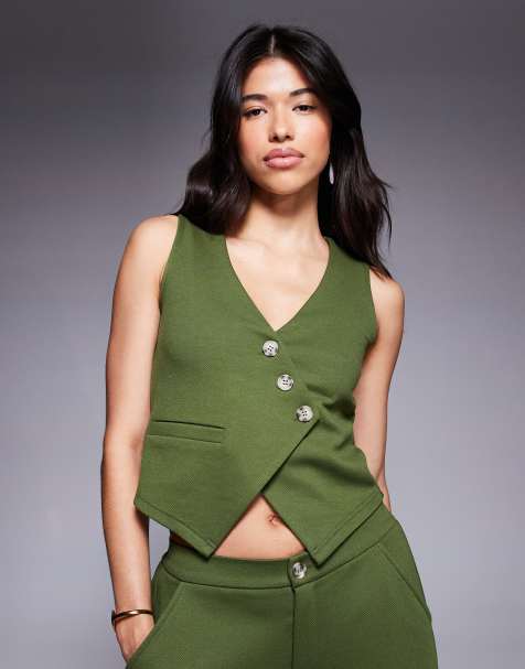 ASOS DESIGN co-ord jersey twill&nbsp;asymmetric waistcoat top in olive