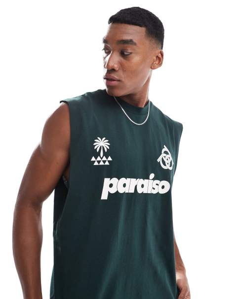ASOS DESIGN – Zielony top oversize bez rękawów z nadrukiem „Paraiso” z przodu - view 1