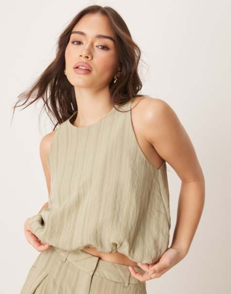 ASOS DESIGN bubble hem top co-ord in green tonal stripe